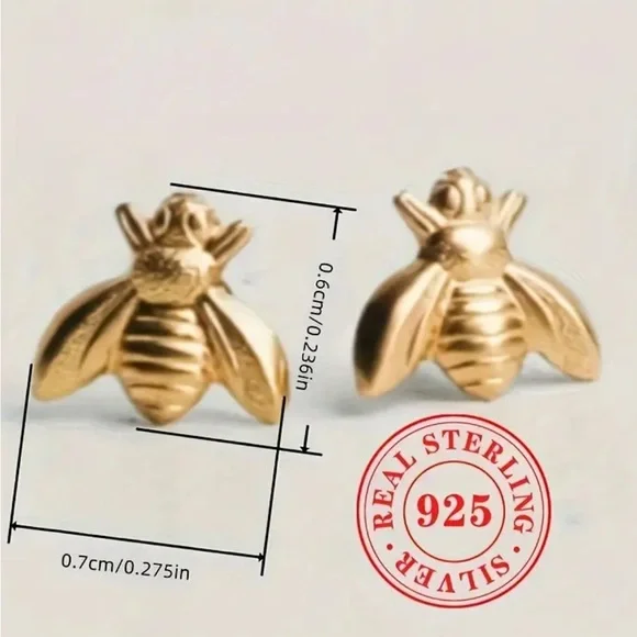 Sterling Silver Gold Bee Stud Earrings - Picture 3 of 3